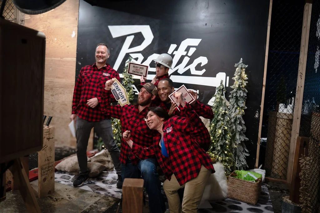 Holiday party group in plaid shirts